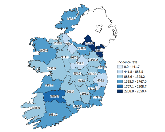 アイルランド　ドニゴール県ピーク時期における感染者の分布図