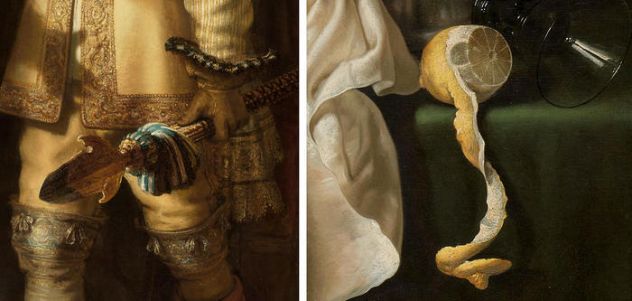 左：ファン・ライテンブルフ副隊長のガウン／右：レンブラントと同時代の画家ウィレム・クラース・ヘダによる『鍍金した酒杯のある静物』に描かれたレモン