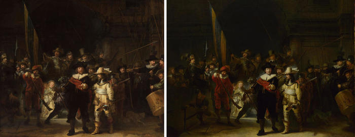 左：レンブラント・ファン・レイン『夜警』／右：ヘリット・ルンデンス による模写