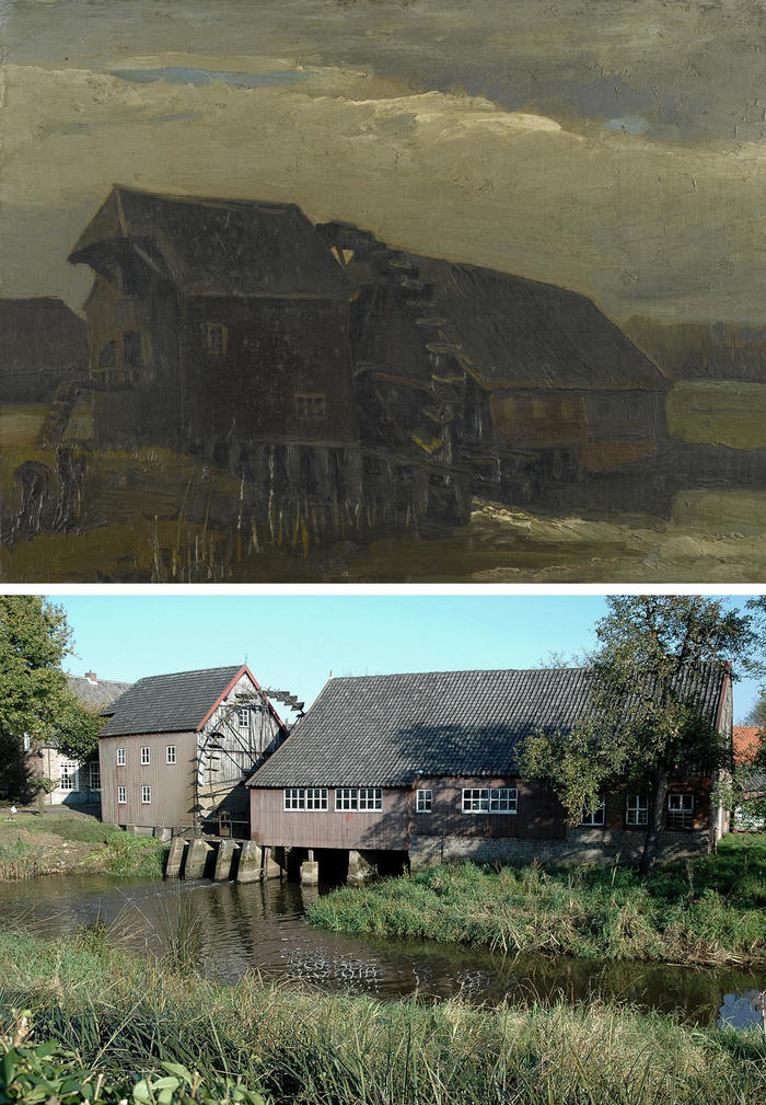 上：『オプウェッテンの水車小屋』1884年 個人蔵／下：現在のオプウェッテンに残る水車小屋 Photo: Wammes Waggel CC BY-SA 3.0