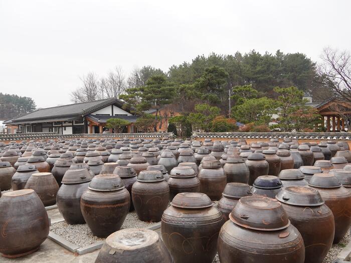 韓国伝統の甕が並ぶ　