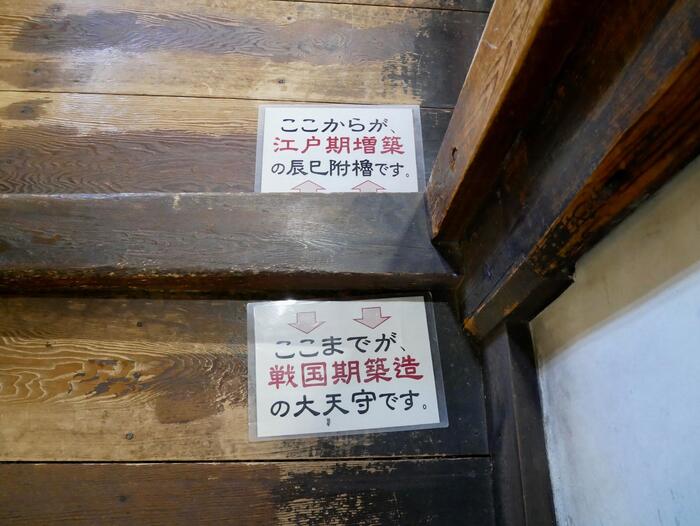 ここからが江戸期増築の辰巳附櫓ですと書かれた案内と、ここまでが戦国期築造の大天守ですと書かれた案内