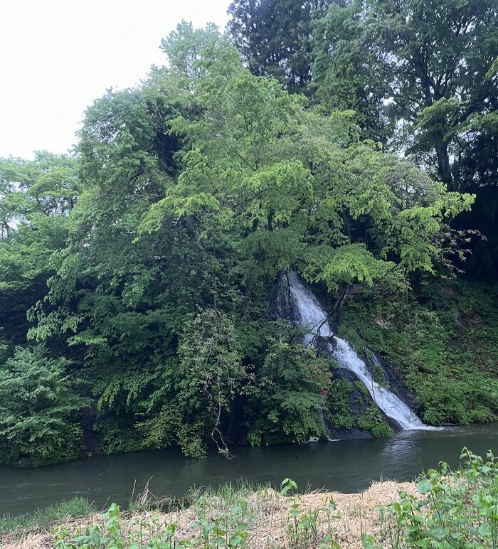 ＜滝のように流れる温泉＞