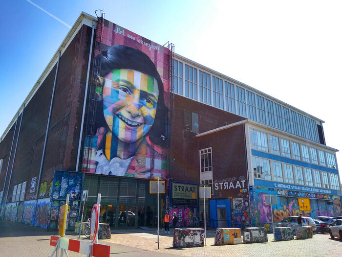 エントランスの外壁を飾るアンネ・フランクの壁画