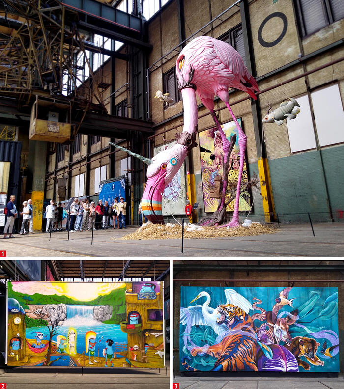 スペインのDulkによる"The Giant Change"は、フラミンゴの生態系が、生息地の破壊や水質汚染、気候変動などによって危機に瀕していることを示している