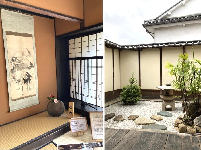 第10代当主が描いた鶴の絵が掛かる座敷と、そこから見える坪庭