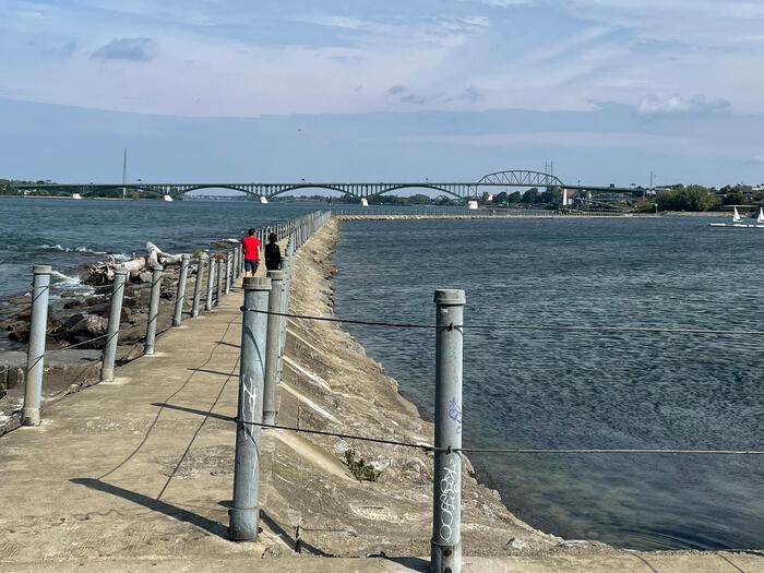 バードアイランドピアのスタート地点。遠くに見えるピース・ブリッジを超えたところまで伸びています