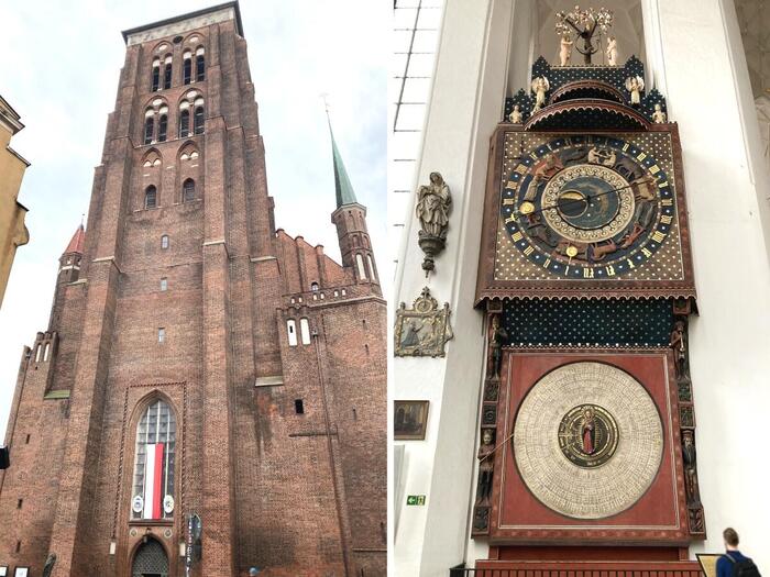 高い鐘楼のある正面入り口（左）と内部の天文時計