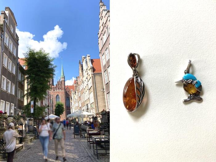 琥珀のおみやげを探す人々（左）と筆者が購入したペンダントトップ