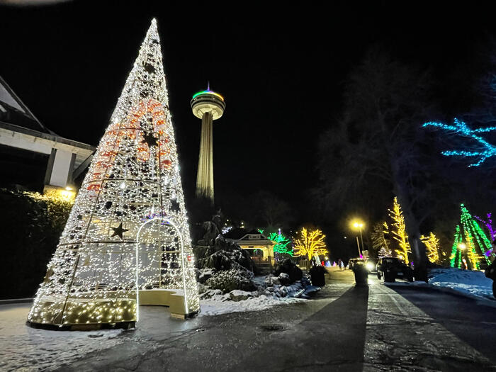 ＜中に入れるようになっているオーナメント。奥はスカイロンタワー＞