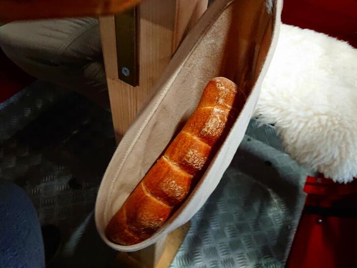 ＜平べったい大きなパンが布袋に入っていました＞