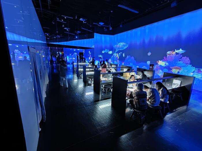 自分が描いた海の生き物が大きなスクリーンで動きだす「スケッチオーシャン」　チームラボ