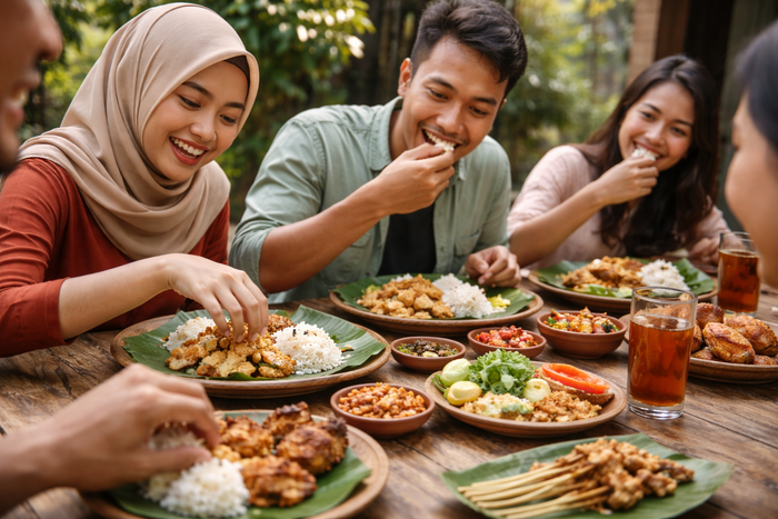 インドネシア　手で食事をする人々