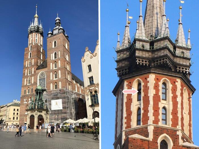 聖マリア教会。右の矢印の先にラッパが見える