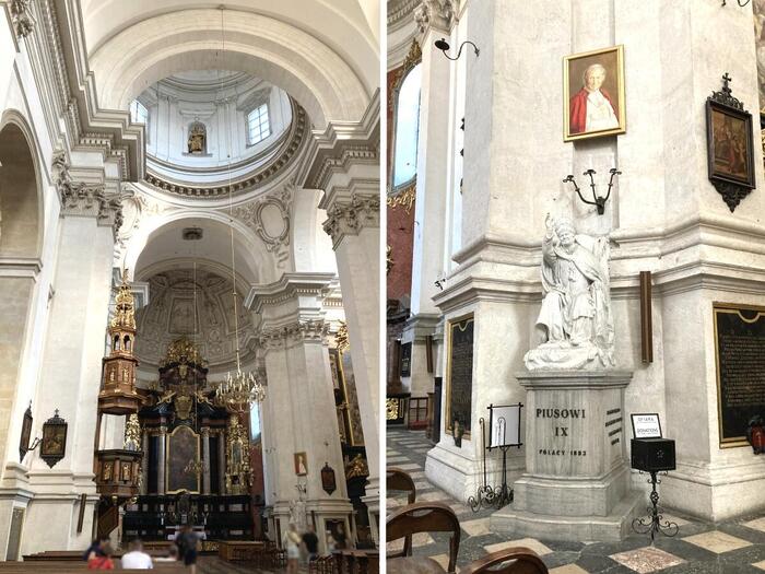 厳かな教会の内部。ピウス9世像の上にはヨハネ・パウロ2世の肖像画がある（右