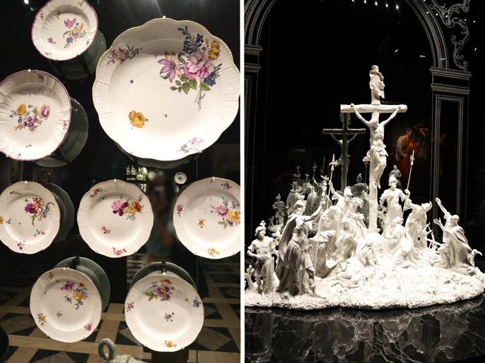 磁器のコレクション。右はマイセン王立工房の匠が作った磔刑像