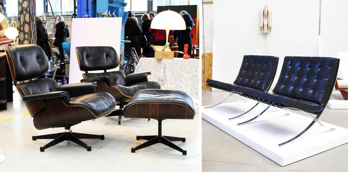 Design Icons Amsterdamでは、イームズの「ラウンジチェア（写真左）」や、ミース・ファン・デル・ローエの「バルセロナチェア（写真右）」