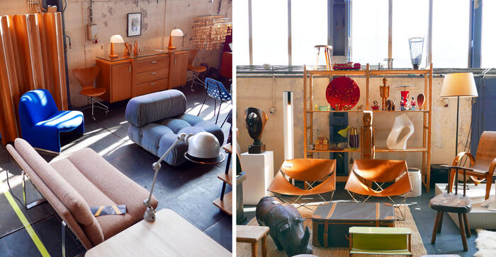 アムステルダム　ヴィンテージ家具　セットアップされたブース　家具の配置や照明、雑貨との組み合わせなど、インテリアコーディネート