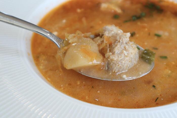 ボルシチの具をスプーンですくったところ