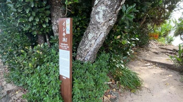 イシキ浜の立て看板、案内版