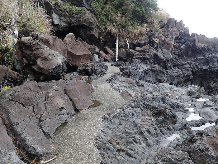 伊豆大島　岡田港　海岸　観光　散策　鉄砲場　岩陰遺跡