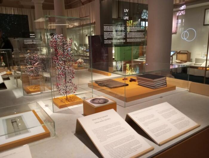ノーベル賞博物館の展示コーナー、ガラスケースに遺伝子の展示物