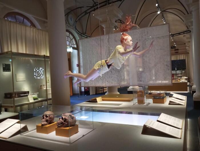 ノーベル賞博物館の展示コーナーで女性が宙に浮いている
