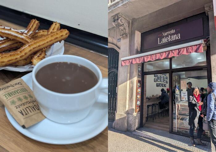 揚げ立てのチュロスとドリンク、店頭前の様子