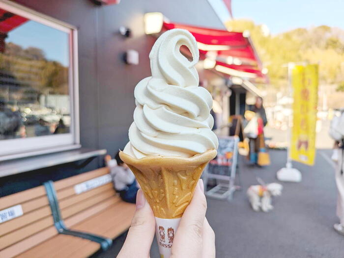 HINODE-EN CAFEの店頭前で葉山しょうがのソフトクリームの握って撮影