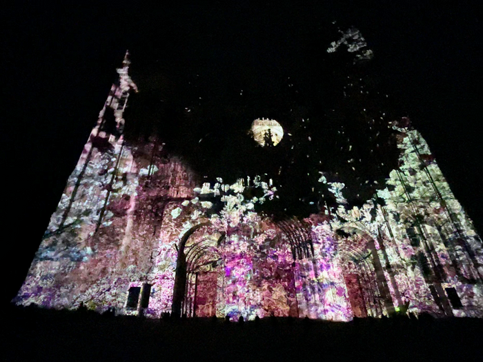 ルーアン大聖堂の映像ショーにモネの桜吹雪が映し出される