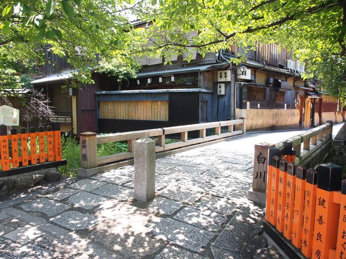 新緑の白川にかかる巽橋