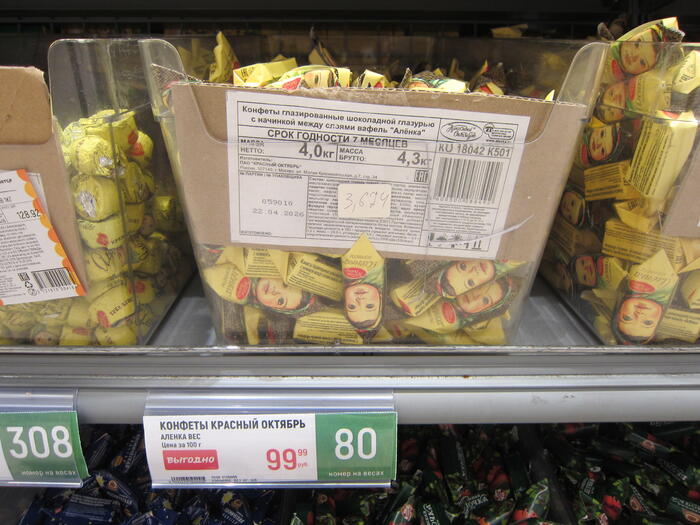 大きなケースに入ったアリョンカの量り売りの陳列
