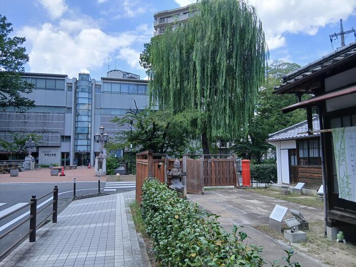手前が「記念館」。川の奥の白い建物が「前橋文学館」です