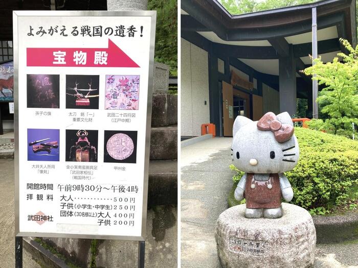 宝物殿の案内板と入口に立つキティ像