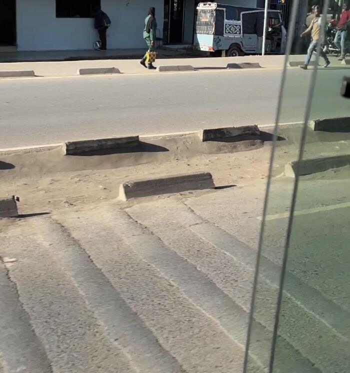 タンザニアの道路に設置されている減速用のスピードバンプ（路面の段差）