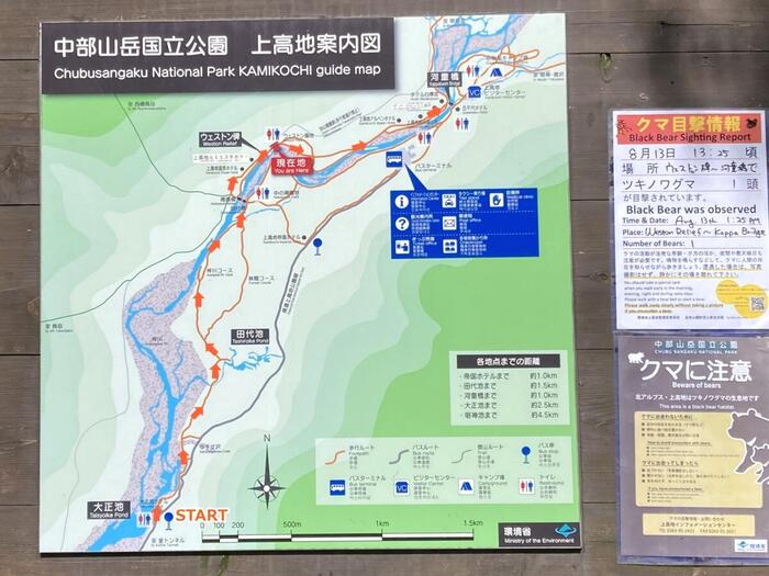 大正池から河童橋までのハイキングルートを示した現地案内図